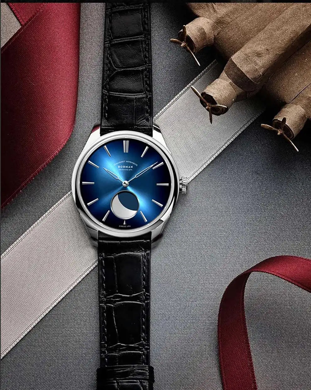BORMAN 41.5mm 5ATM Waterproof Mechanical Watches Moon Phase Luxury Designer Men Dress Automatic Wristwatch