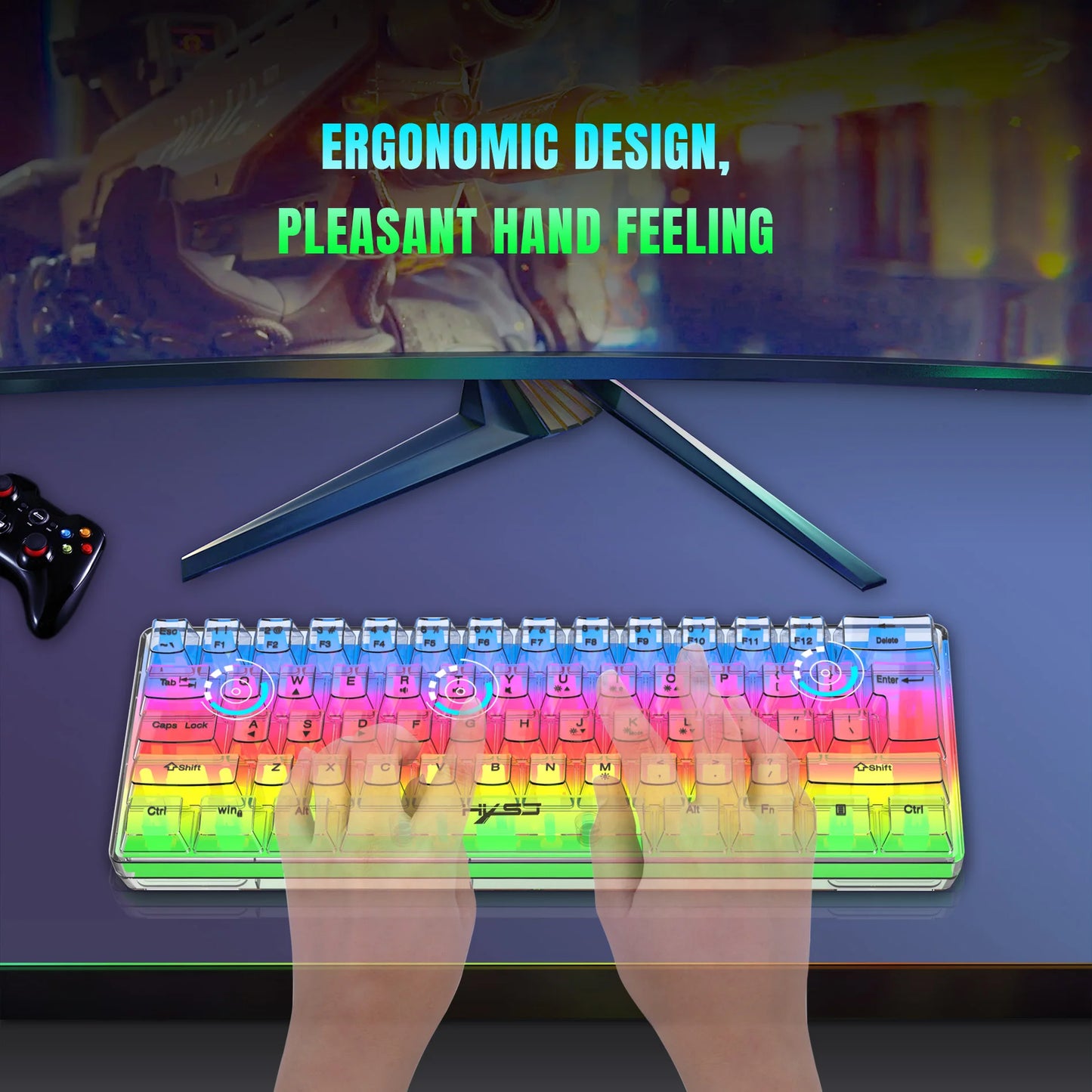 HXSJ V700 60% Wired Transparent Gaming Keyboard, RGB Backlit 61 Keys Compact USB Gaming Keyboard for PC, Mac & Laptop
