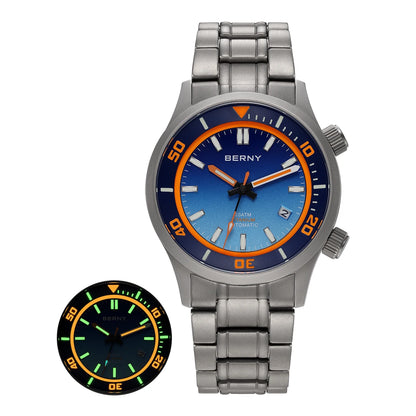 BERNY Automatic Full Titanium Diver Watch For Men Supper Luminous Sappire AR Coated Miyota 8215 Dual Crown Mechanical Dive Watch