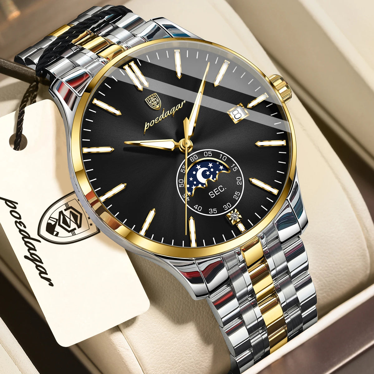 Relógio de luxo para homem POEDAGAR, estilo casual, em aço inoxidável, com movimento de quartzo, à prova de água, luminoso, com data, elegante.