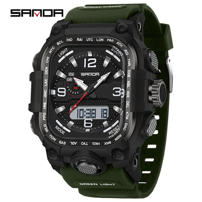 SANDA 6310 Men's Electronic Watch Multifunctional Luminous Alarm Clock Calendar Stopwatch Dual Display Digital Watches for Man