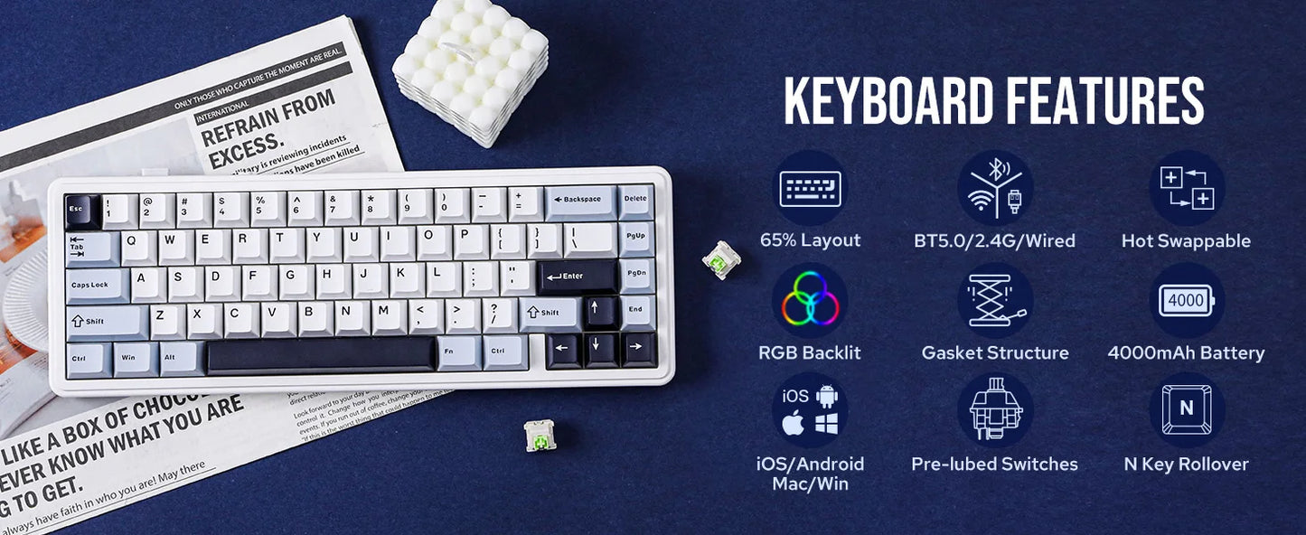 EPOMAKER x AULA F65 65% Layout Hot-Swap Gasket-mounted Wired/Bluetooth/2.4G Wireless Mechanical Keyboard for Mac/Win