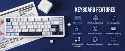 EPOMAKER x AULA F65 65% Layout Hot-Swap Gasket-mounted Wired/Bluetooth/2.4G Wireless Mechanical Keyboard for Mac/Win