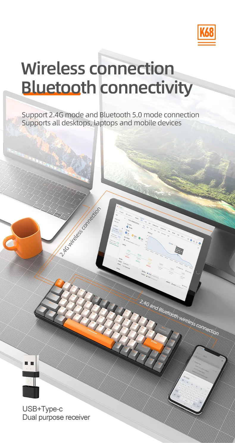 FREEWOLF K68 Mechanical Keyboard,Bluetooth Wireless,Blue and Red Switches,Hot-swswap,Small Size Mini Keyboard