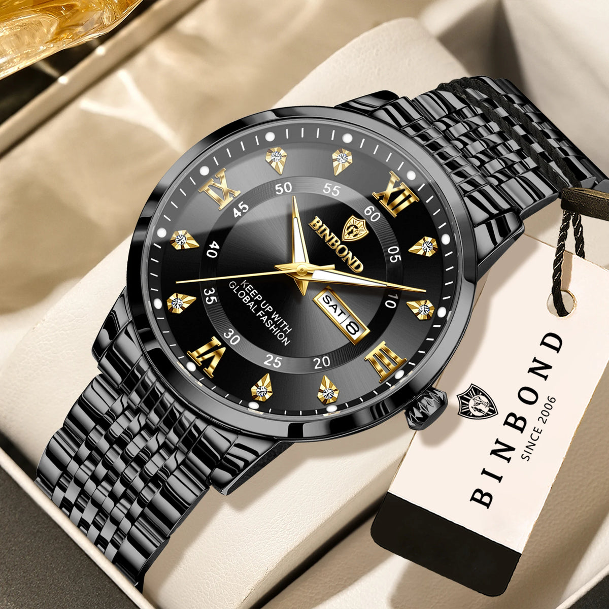 Orologio da polso al quarzo di lusso BINBOND da uomo – Impermeabile, luminescente, con indicazione del giorno della settimana – Stile business, sportivo, alla moda e casual