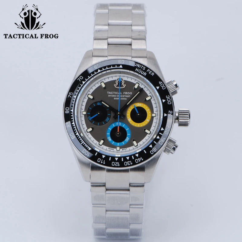 Tactical Frog Men's Business Diving Watch VS75B Quartz Chronograph 316L Steel Sapphire 200M Waterproof C3 Luminous Mens Watch