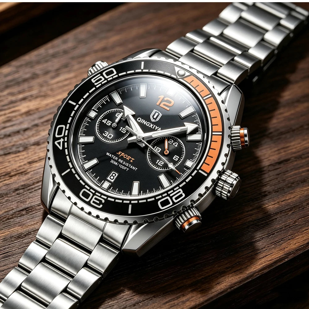 Luxus-Armbanduhr für Herren der Marke QINGXIYA, wasserdichter Sport-Chronograph mit beleuchtetem Datum, lässige Quarzuhr für Herren
