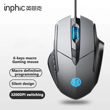 Káblová myš Inphic W1 Esports Gaming Mouse s programovateľnými makrami, nastaviteľným DPI a tichým chodom do kancelárie