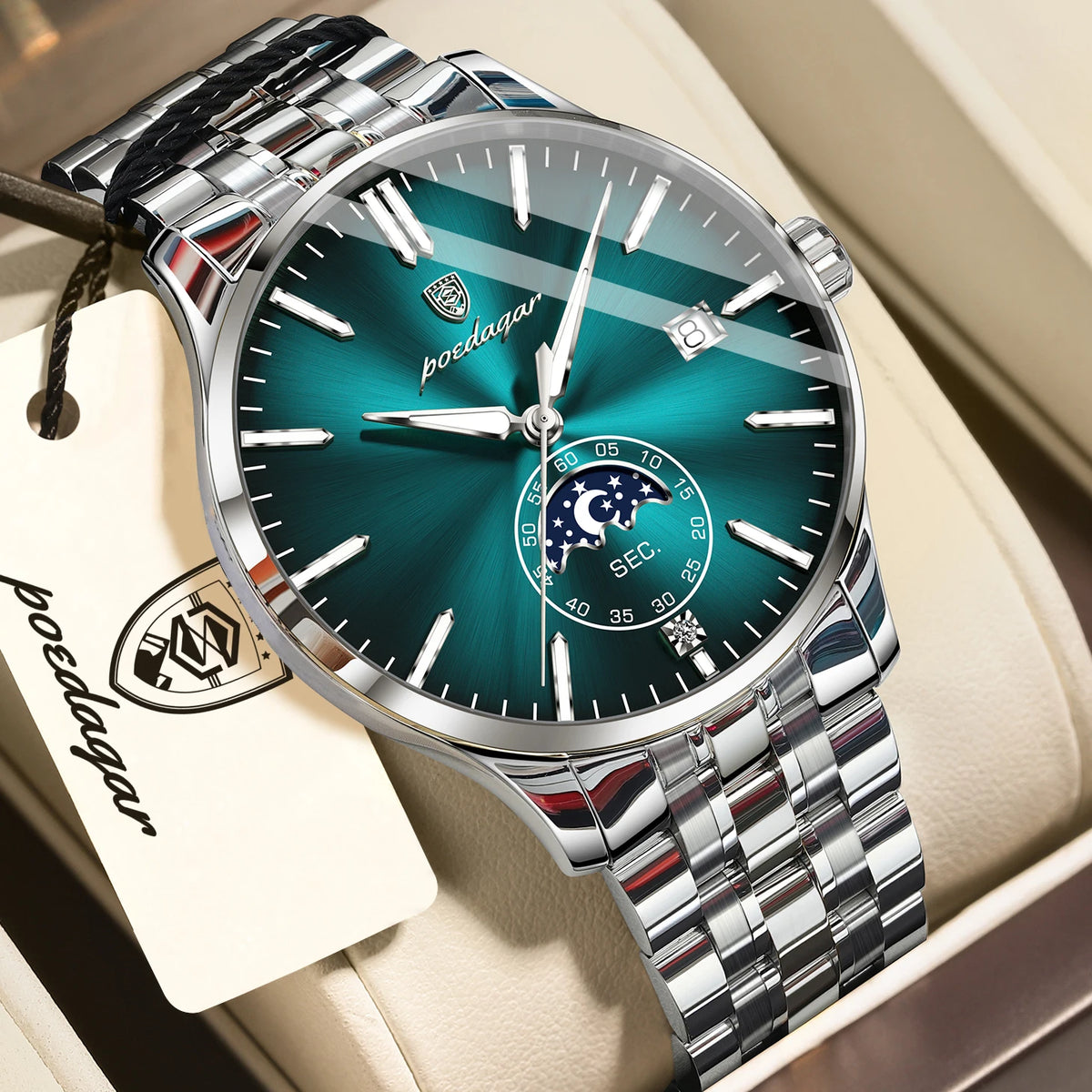 Relógio de luxo para homem POEDAGAR, estilo casual, em aço inoxidável, com movimento de quartzo, à prova de água, luminoso, com data, elegante.