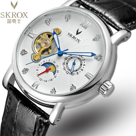 Mechanische Automatikuhr der Luxusklasse für Herren, von einer renommierten Marke, mit Tourbillon, Mondphase und Diamanten – eine elegante Armbanduhr.