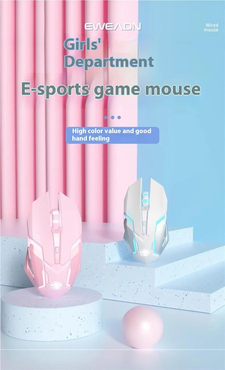 Frontline trådbunden gamingmus i rosa, tyst mekanisk esportmus, trådlös Bluetooth-datormus för kontor, elegant och söt för tjejer