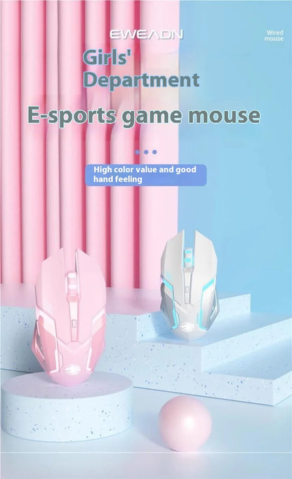 Frontline trådbunden gamingmus i rosa, tyst mekanisk esportmus, trådlös Bluetooth-datormus för kontor, elegant och söt för tjejer