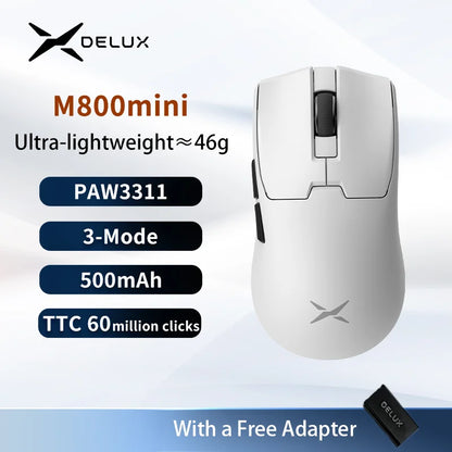 Bezdrôtová herná myš Delux M800mini, ľahká 46g, PAW3395/PAW3311, frekvencia odozvy 1KHz pre PC hráčov s malými až stredne veľkými rukami