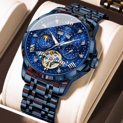 Montre mécanique automatique pour homme POEDAGAR – Modèle haut de gamme, boîtier en acier inoxydable, calendrier, tourbillon apparent