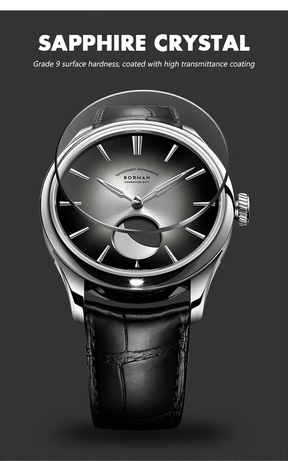 BORMAN 41.5mm 5ATM Waterproof Mechanical Watches Moon Phase Luxury Designer Men Dress Automatic Wristwatch