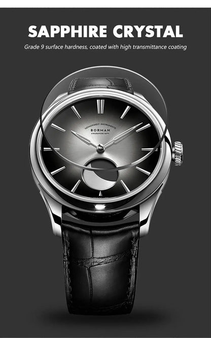 BORMAN 41.5mm 5ATM Waterproof Mechanical Watches Moon Phase Luxury Designer Men Dress Automatic Wristwatch