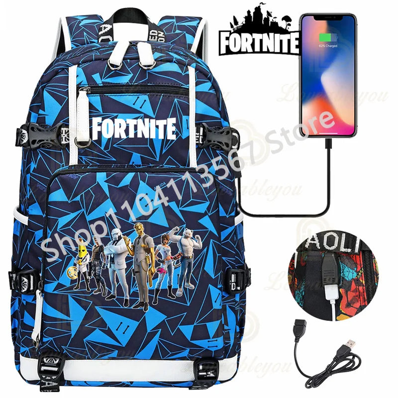 Ultima Knight F-Fortnited Battle Royale Backpack with USB Charging Anime Figures Study Stationery Compartment for Students