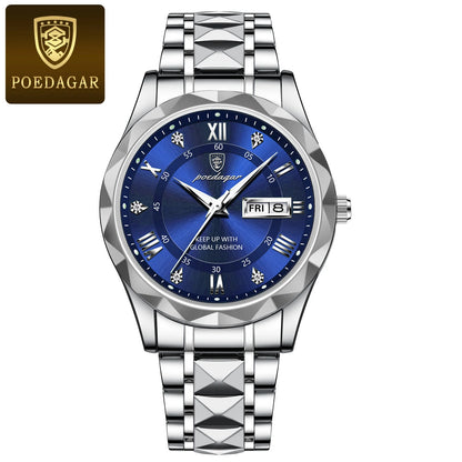 POEDAGAR Business Luxury Herrenuhr, wasserdicht, aus Edelstahl, beleuchtet, mit Datum und Wochentag, im Sport-Stil, mit Quarzwerk.