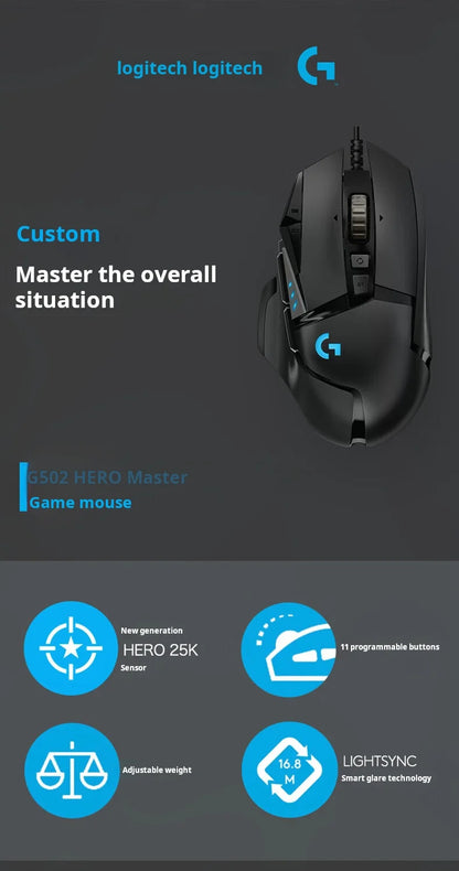 Logitech G502 HERO trådbunden gamingmus för e-sport, mekanisk mus med RGB-belysning, justerbar balans och programmerbara makron för Battle Royale