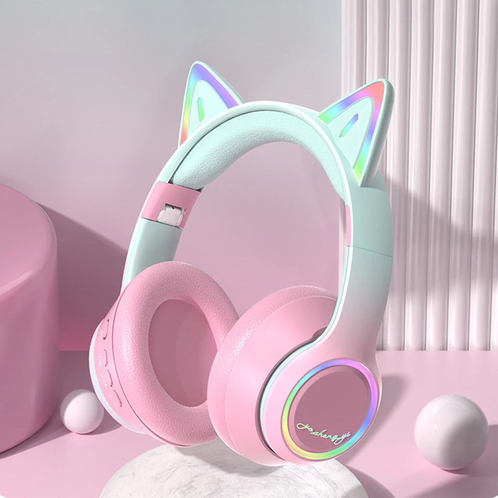 RGB Cat Ear Bluetooth Headphones Wireless Kids Headset with Microphone, Gradient LED Light Gaming Headphones, Stereo Music Bluetooth 5.3 Earphones for Girls