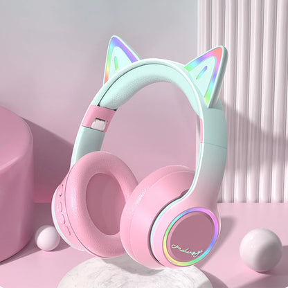 RGB Cat Ear Bluetooth Headphones Wireless Kids Headset with Microphone, Gradient LED Light Gaming Headphones, Stereo Music Bluetooth 5.3 Earphones for Girls