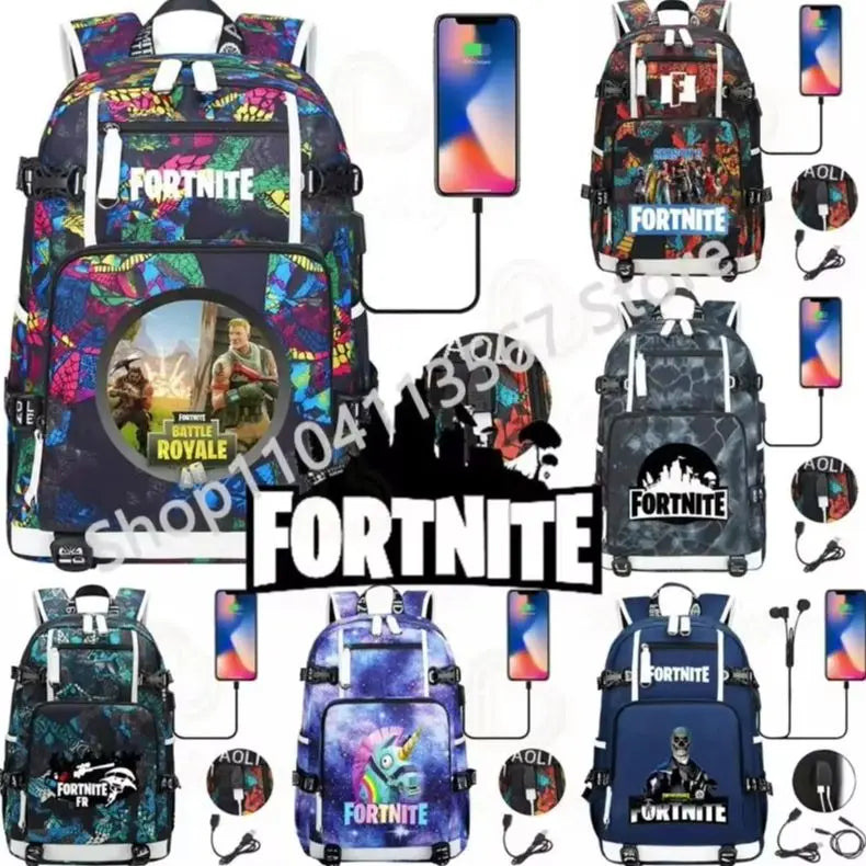 Ultima Knight F-Fortnited Battle Royale Backpack with USB Charging Anime Figures Study Stationery Compartment for Students