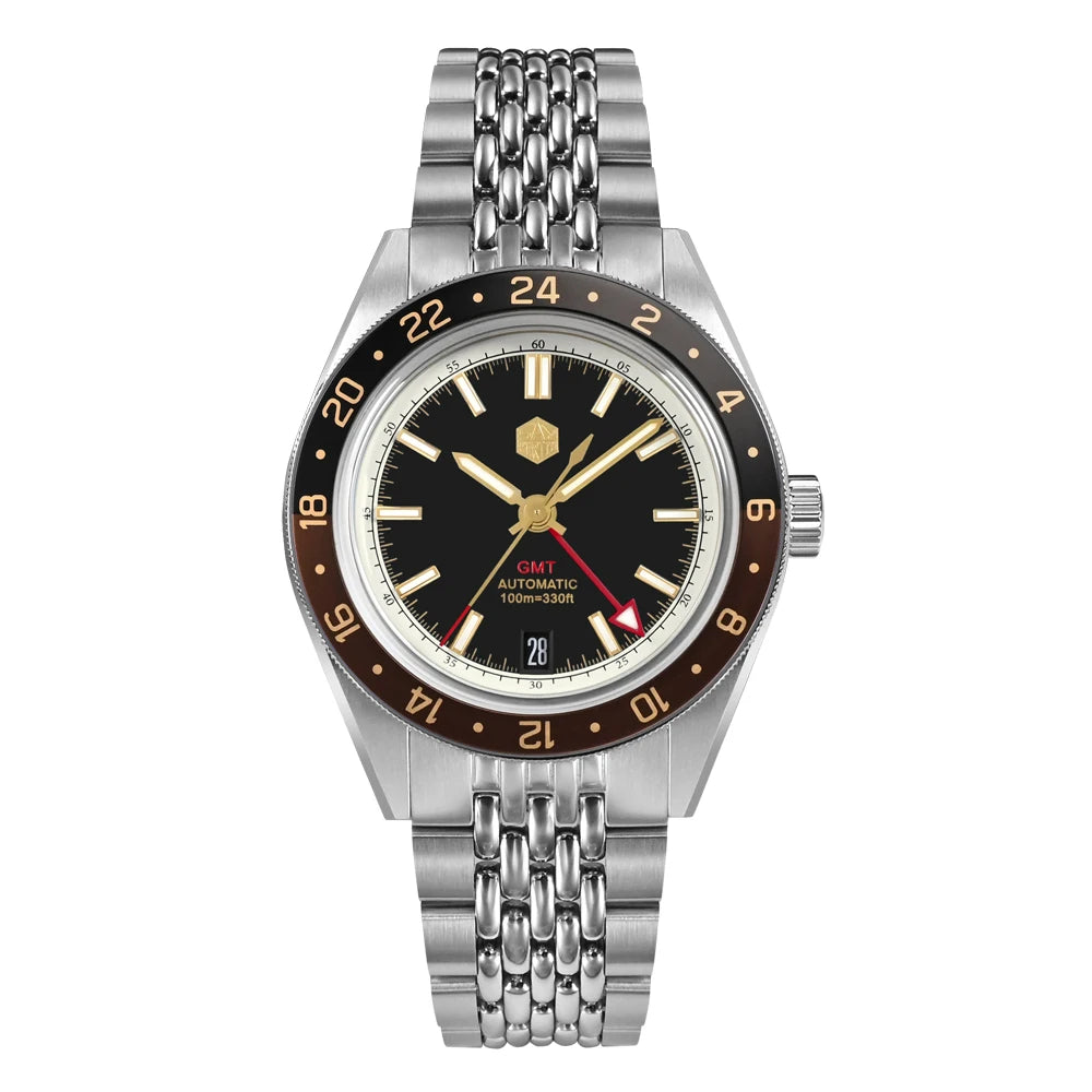 Relógio Automático Masculino San Martin 39.5mm Edição Limitada com Mostrador Full Lume NH34 GMT 6H Data 10Bar Luxo Kol Saati SN0116W