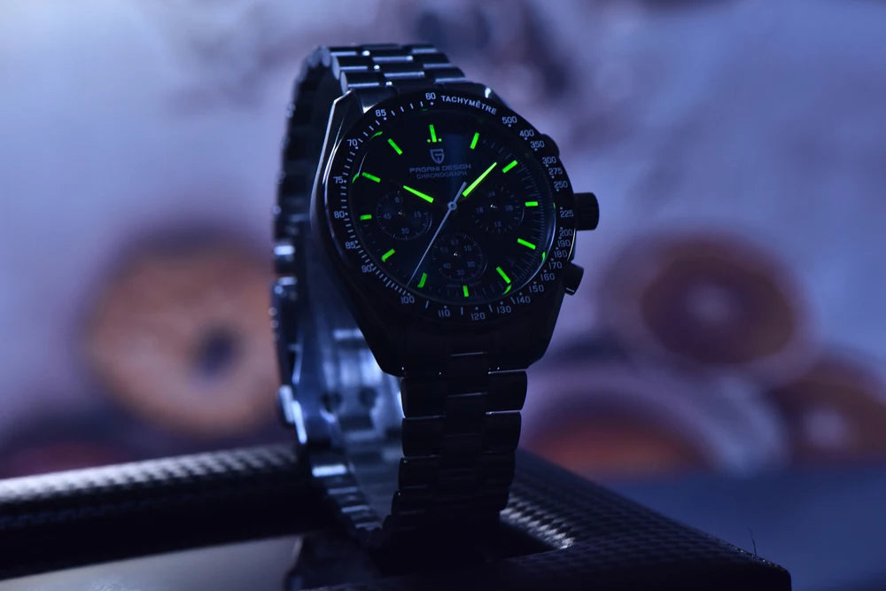 Zegarek PAGANI DESIGN Moon – luksusowy męski chronograf kwarcowy w sportowym stylu, szafirowe szkło z powłoką antyrefleksyjną, luminescencyjny wyświetlacz