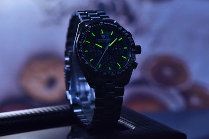 Zegarek PAGANI DESIGN Moon – luksusowy męski chronograf kwarcowy w sportowym stylu, szafirowe szkło z powłoką antyrefleksyjną, luminescencyjny wyświetlacz