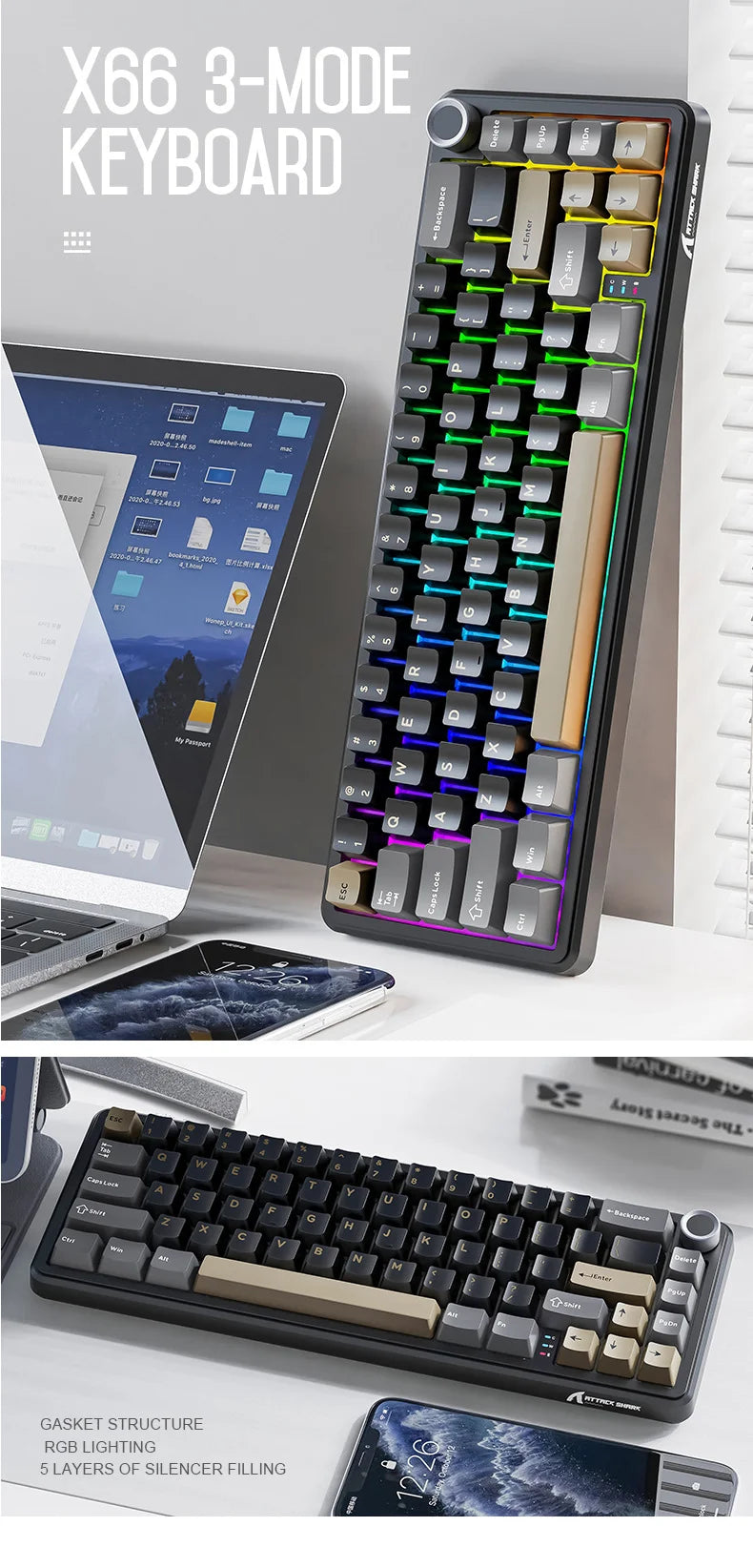 Attack Shark X66 Wireless Mechanical Keyboard 65% Compact Layout RGB Backlight Gasket Hot Swap Bluetooth USB-C PBT Large battery