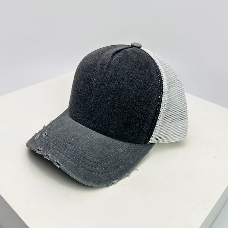New Unisex Color Block Broken Style Baseball Hats Distress Breathable Mesh Sunshade Retro Trucker Caps Versatile Simple Fashion