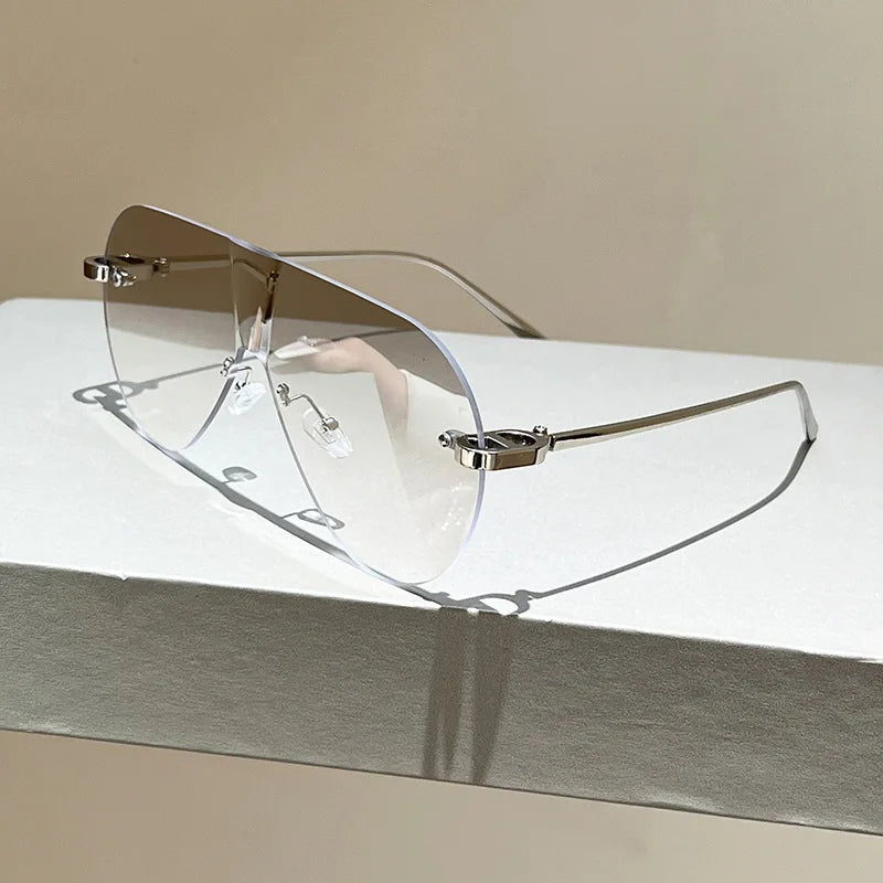 Women's Oversize Rimless One-Piece Shield Sunglasses Fashion Gradient Sun Glasses Alloy Sexy Driving Shades men punk shades