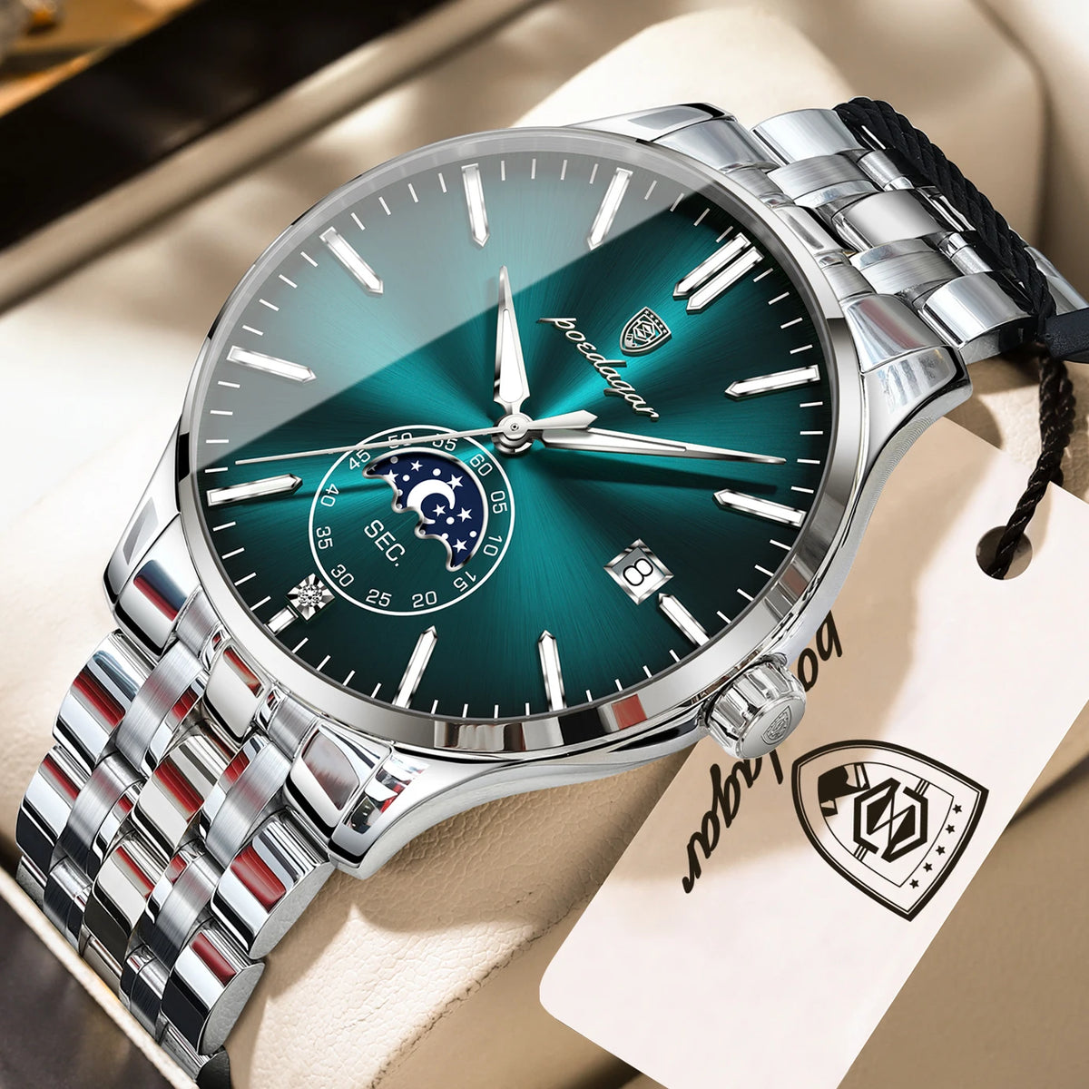 Relógio de luxo para homem POEDAGAR, estilo casual, em aço inoxidável, com movimento de quartzo, à prova de água, luminoso, com data, elegante.