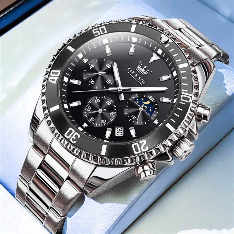 OLEVS men’s watch, luxury brand, gold-coloured military-style quartz watch, water-resistant, luminous date display, stainless steel case.