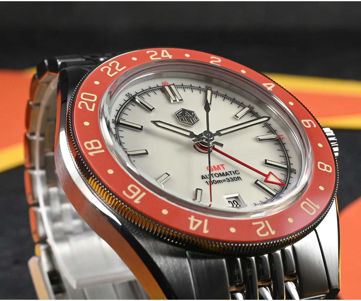Relógio Automático Masculino San Martin 39.5mm Edição Limitada com Mostrador Full Lume NH34 GMT 6H Data 10Bar Luxo Kol Saati SN0116W
