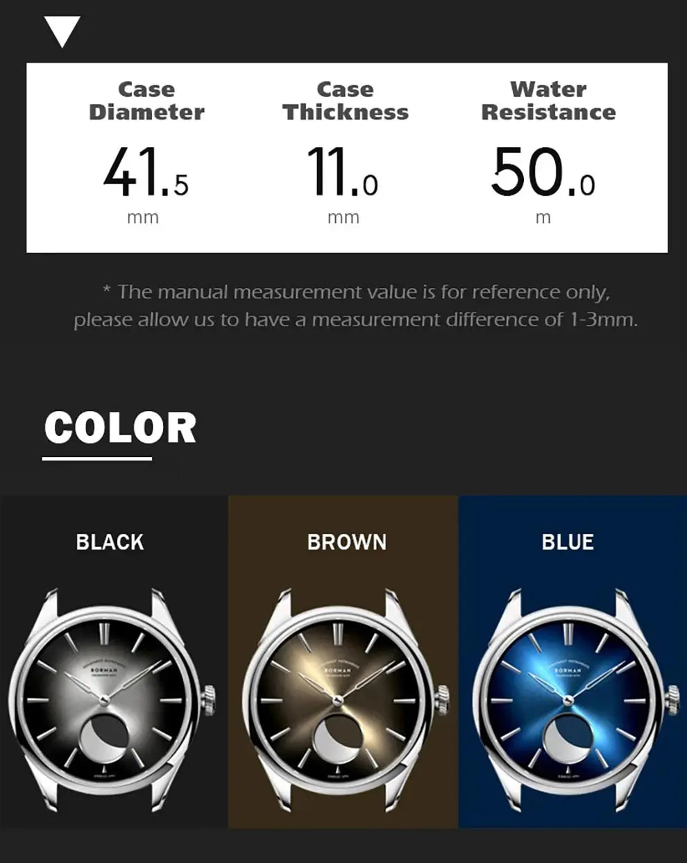 BORMAN 41.5mm 5ATM Waterproof Mechanical Watches Moon Phase Luxury Designer Men Dress Automatic Wristwatch