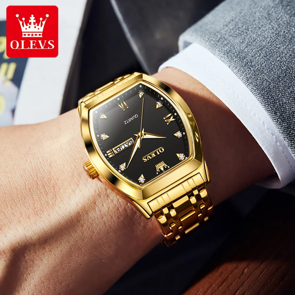 OLEVS Men's Watches Luxury Tonneau Original Top Brand Quartz Watch for Men Waterproof Luminous Week Date Male Wristwatch