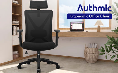 AUTHMIC Ergonomic Office Chair with 5D Lumbar Support, Mesh Back, Adjustable Headrest, Armrests & Reclining Desk Chair