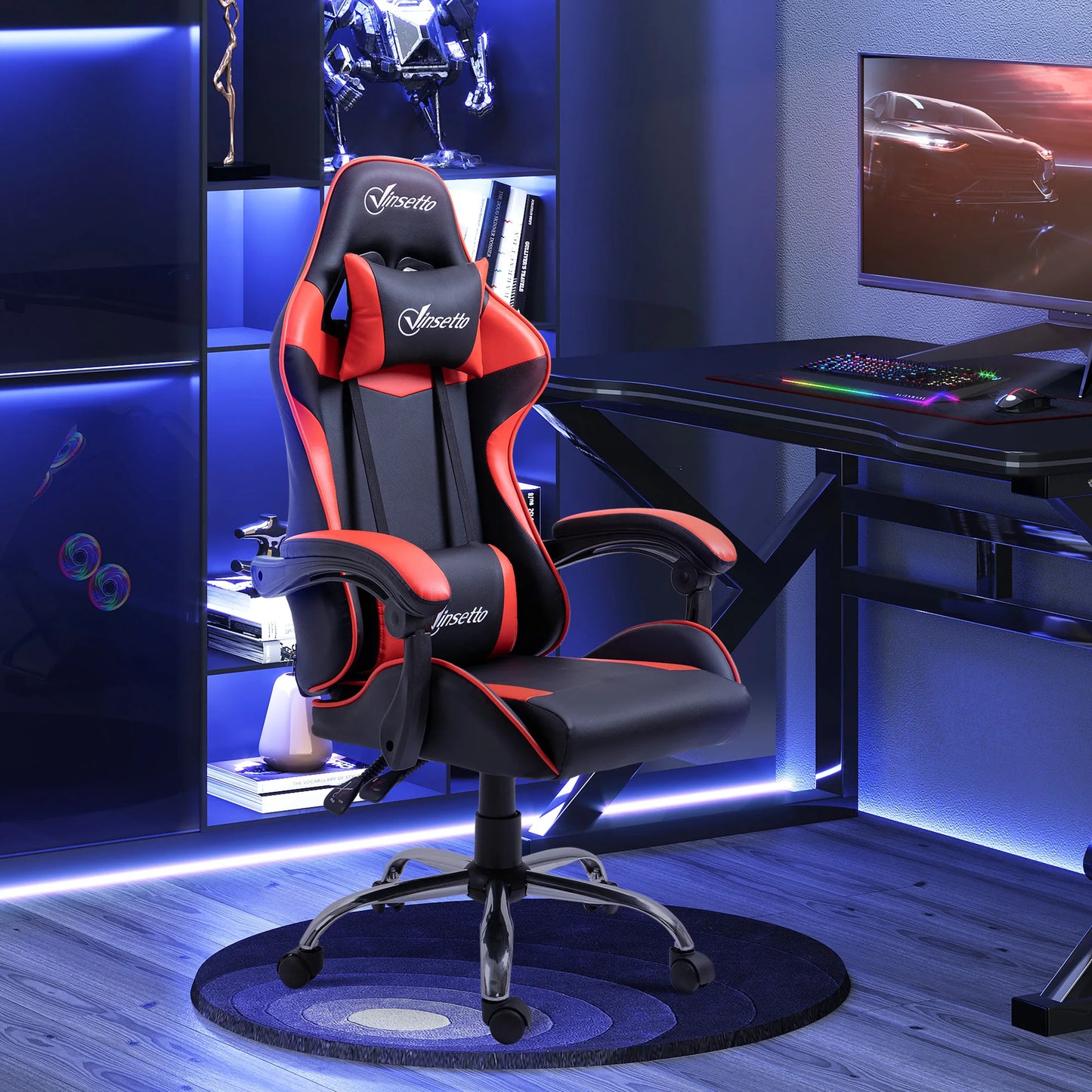 Vinsetto Gaming Chair Adjustable Height Ergonomic Gaming Chair with Reclining Backrest, Lumbar Support, Headrest & 360° Swivel Racing Style Office Chair Red