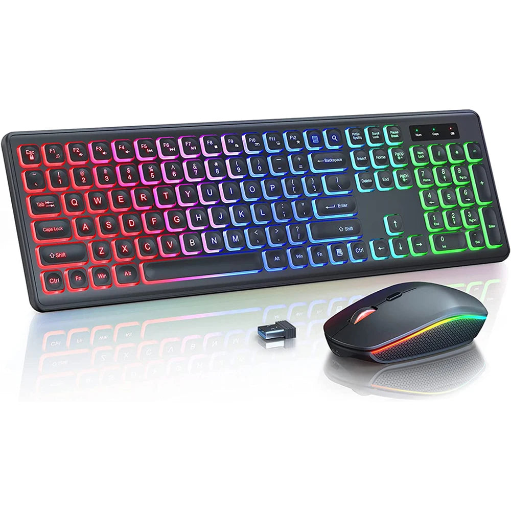 Ergonomic 2.4Ghz Wireless Keyboard Mouse Combo for PC/Laptop/Desktop Rechargeable Full Size Keyboard Mouse Set With RGB Backlit