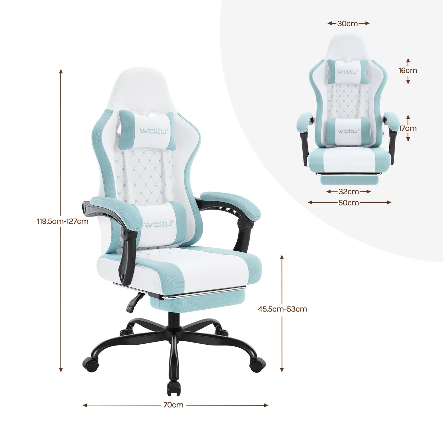 WOLTU snurrbar datorstol med massagefunktion, ergonomisk kontorsstol med kudde och fotstöd, höjdjusterbar gamingstol