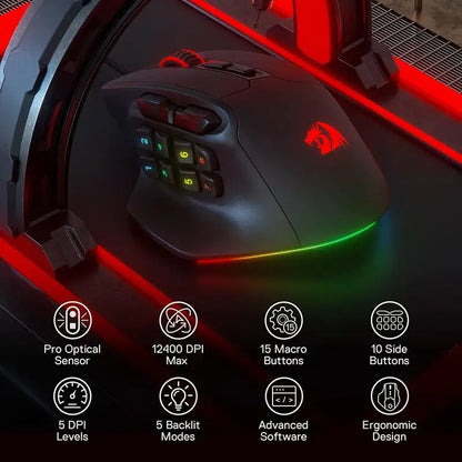 Redragon M811 Aatrox MMO геймърска мишка, кабелна RGB мишка за геймъри с 15 програмируеми бутона и ергономична конструкция за естествен захват