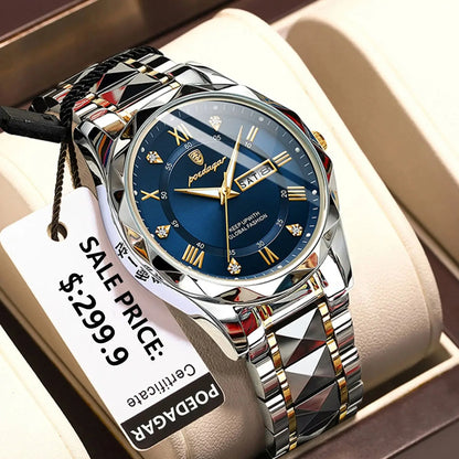 POEDAGAR Business Luxury Herrenuhr, wasserdicht, aus Edelstahl, beleuchtet, mit Datum und Wochentag, im Sport-Stil, mit Quarzwerk.