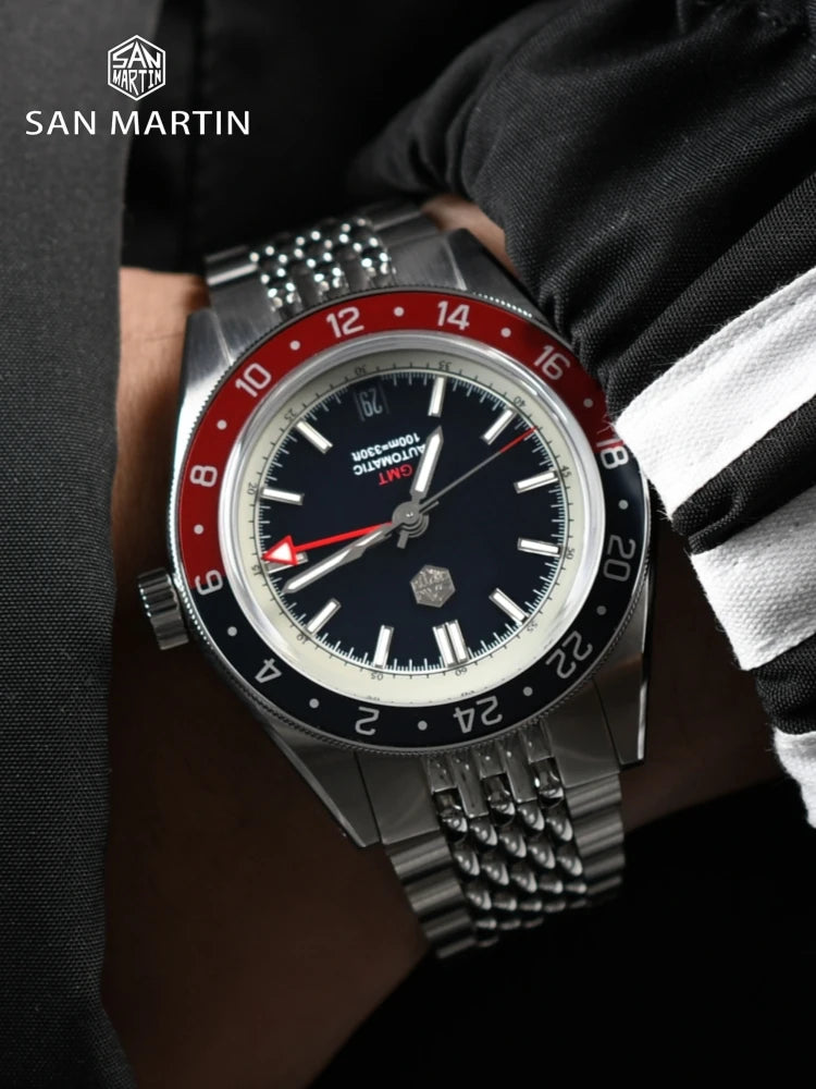 Relógio Automático Masculino San Martin 39.5mm Edição Limitada com Mostrador Full Lume NH34 GMT 6H Data 10Bar Luxo Kol Saati SN0116W