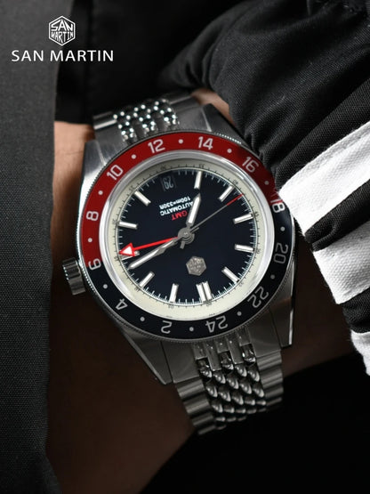 Relógio Automático Masculino San Martin 39.5mm Edição Limitada com Mostrador Full Lume NH34 GMT 6H Data 10Bar Luxo Kol Saati SN0116W