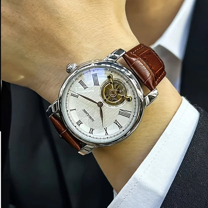 Avtomatska mehanska ura za moške – eleganten skeletni dizajn, trendovski »business casual« stil, ohišje iz zlitine in usnjeni pas, brez baterije