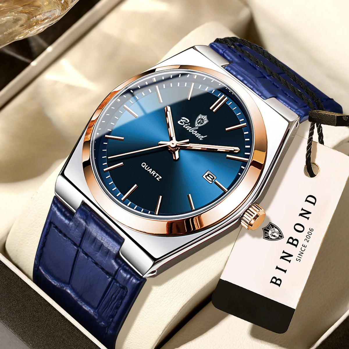 BINBOND luxury quartz wristwatch for men – Water-resistant, luminous, with automatic date – Professional, sporty, trendy and casual styles – Leather strap