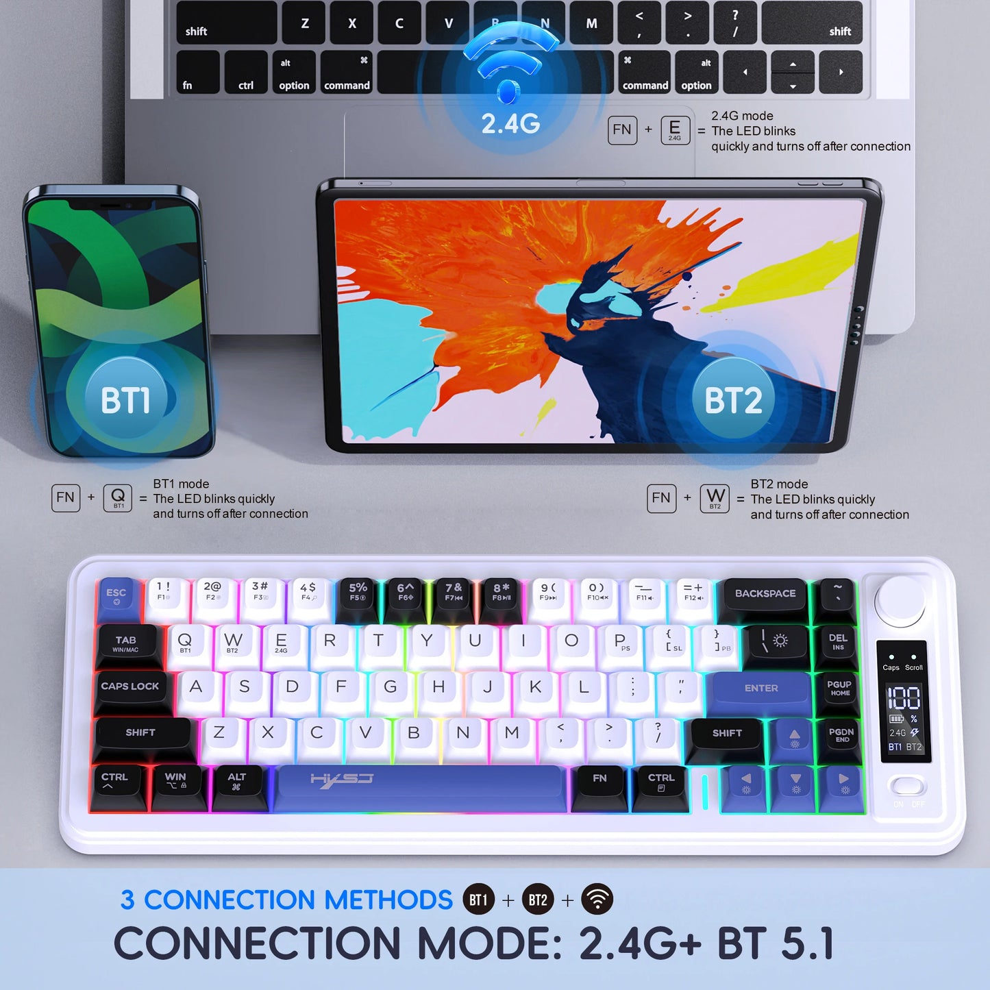 HXSJ L68 81-Key 3-mode wireless gaming keyboard silent Rainbow lighting ergonomic compact wireless membrane keyboard for pc