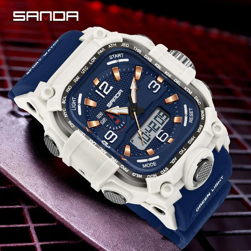 SANDA 6310 Men's Electronic Watch Multifunctional Luminous Alarm Clock Calendar Stopwatch Dual Display Digital Watches for Man