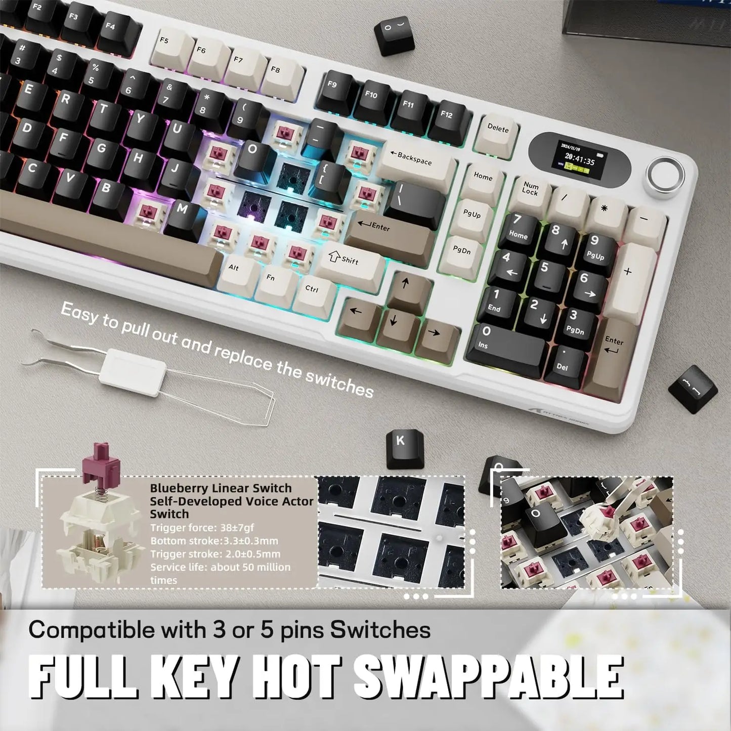 ATTACK SHARK X98Pro Wireless Mechanical Keyboard with Screen & Knob, Tri-mode Gasket Hot Swappable RGB Keyboard, Web Driver